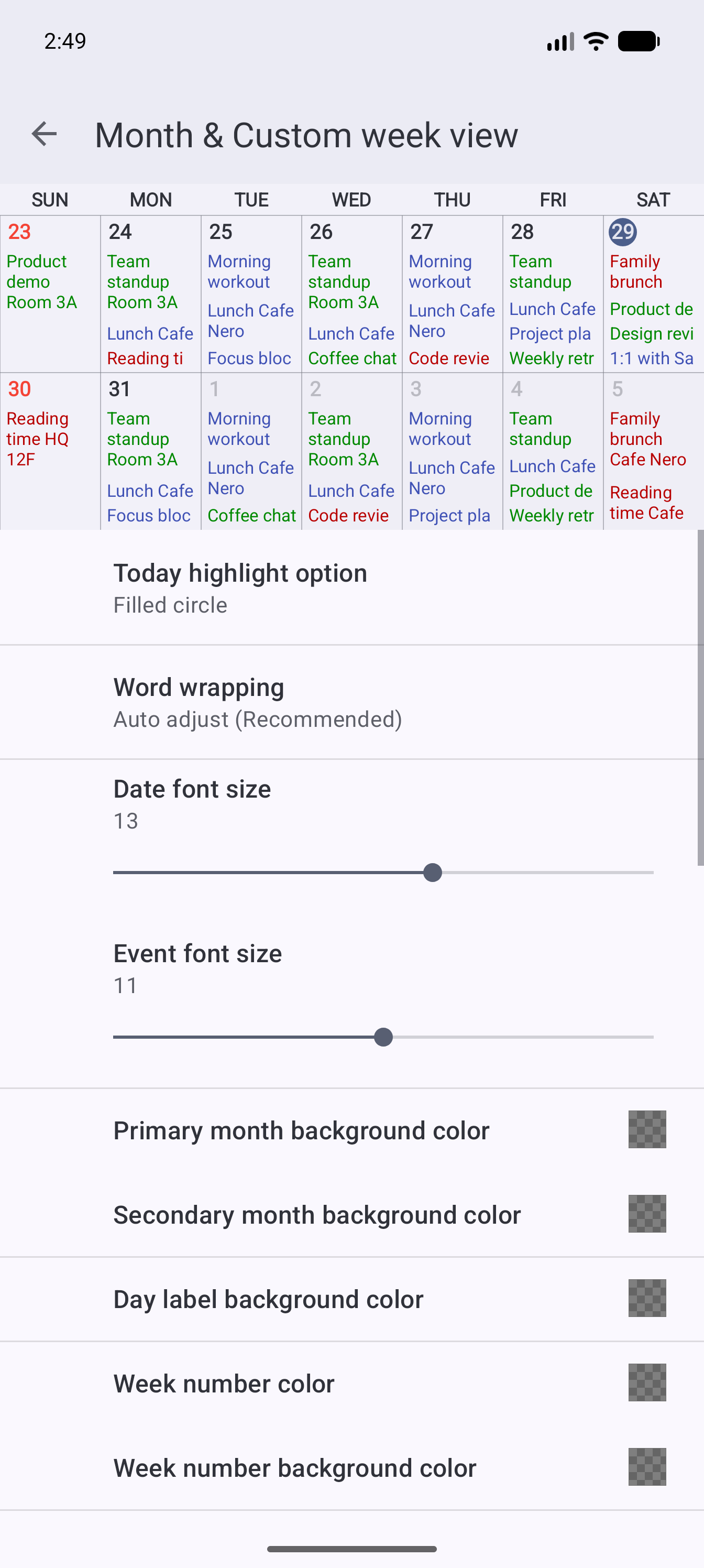 Month view settings &mdash; colors, fonts, and grid options