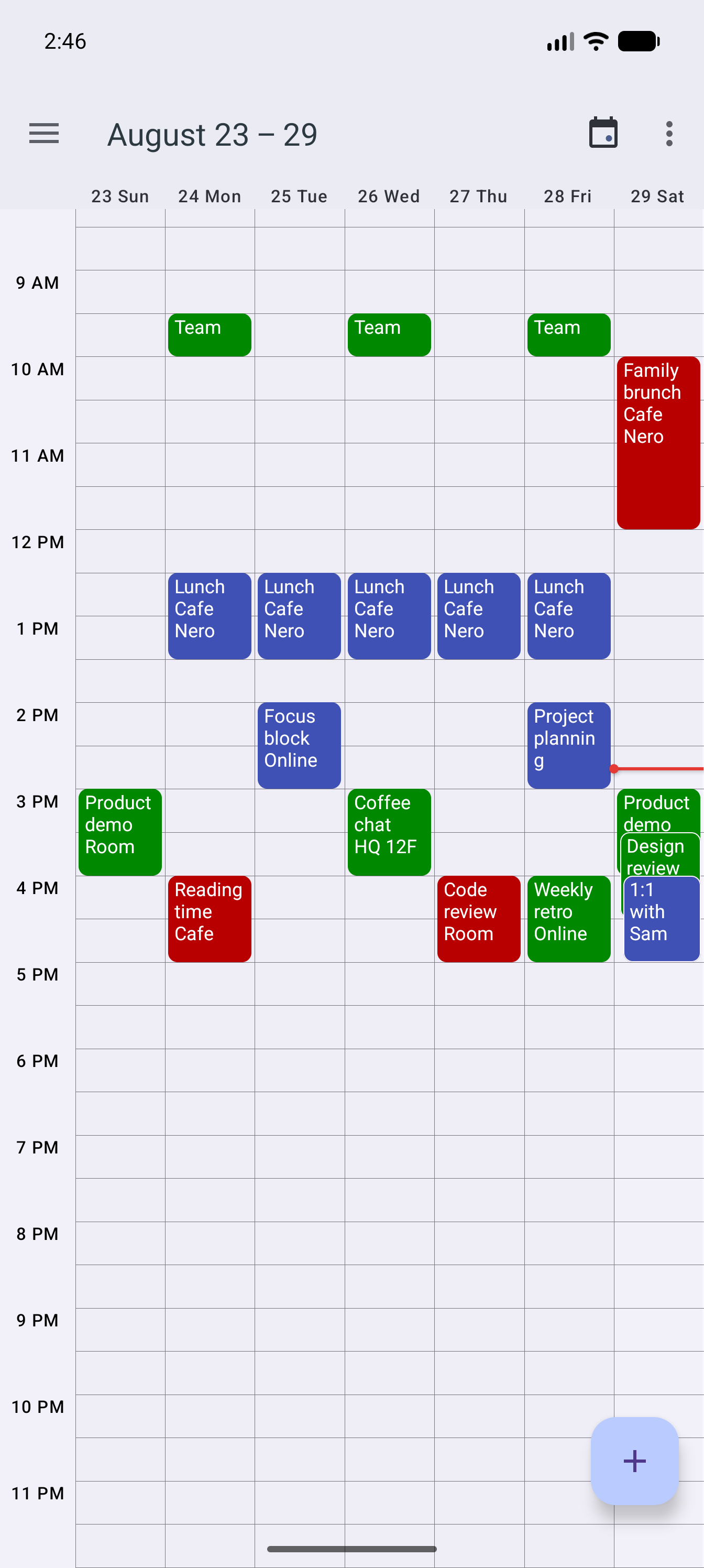Week view &mdash; an hours grid with overlapping events shown side by side
